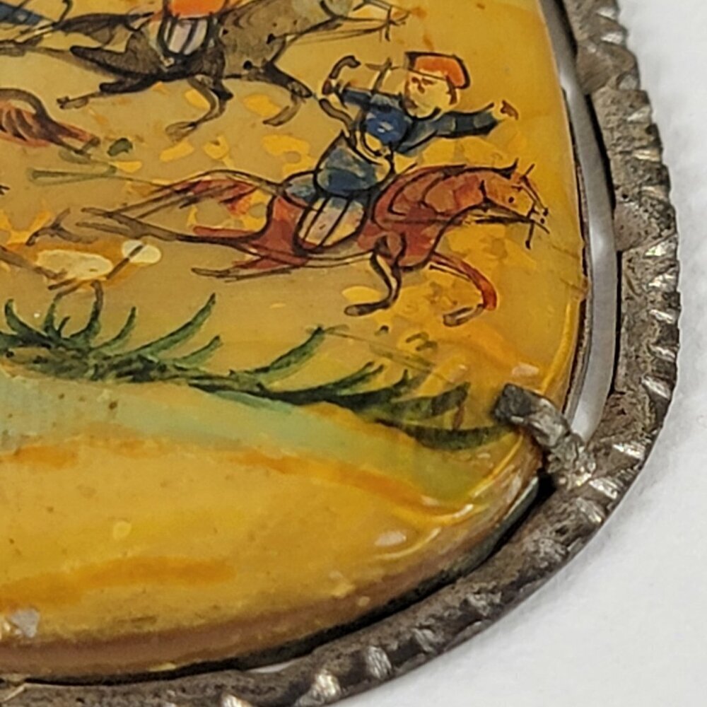 Vtg. Persian Polo Horses Hand Painted Mother Pearl Teadrop Pendant Necklace 18" - Picture 6 of 14